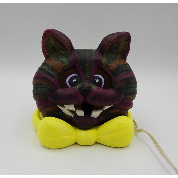 Hand Painted Ceramic Mold Grinning Cat Head Bowtie Lamp 2 PC Table Light - Picture 3 of 11